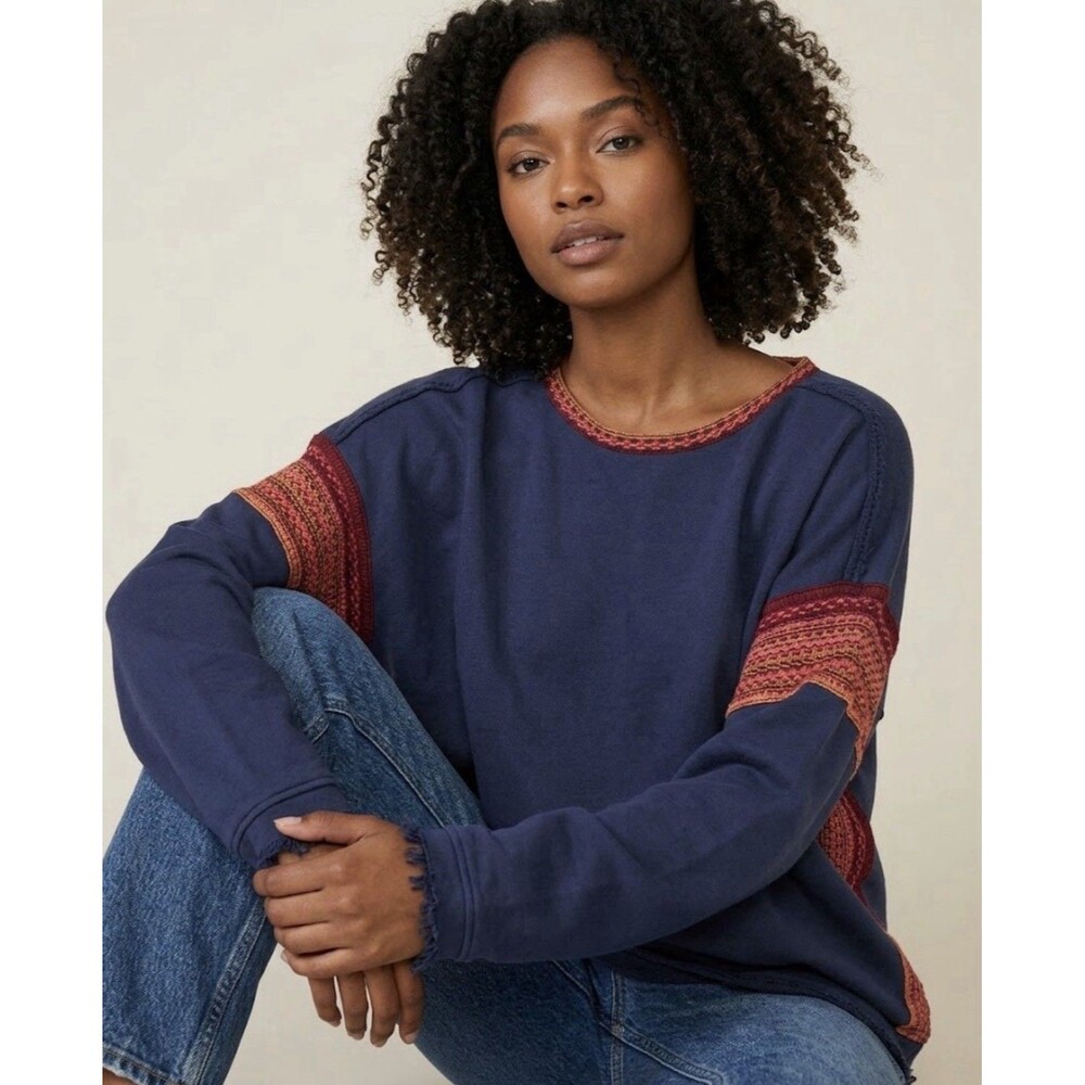Natural Life Knit Trim Oversized Cotton Sweatshirt in Navy Womens Size L/XL